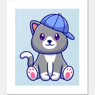 Cute Cat Sitting With Hat Cartoon Posters and Art